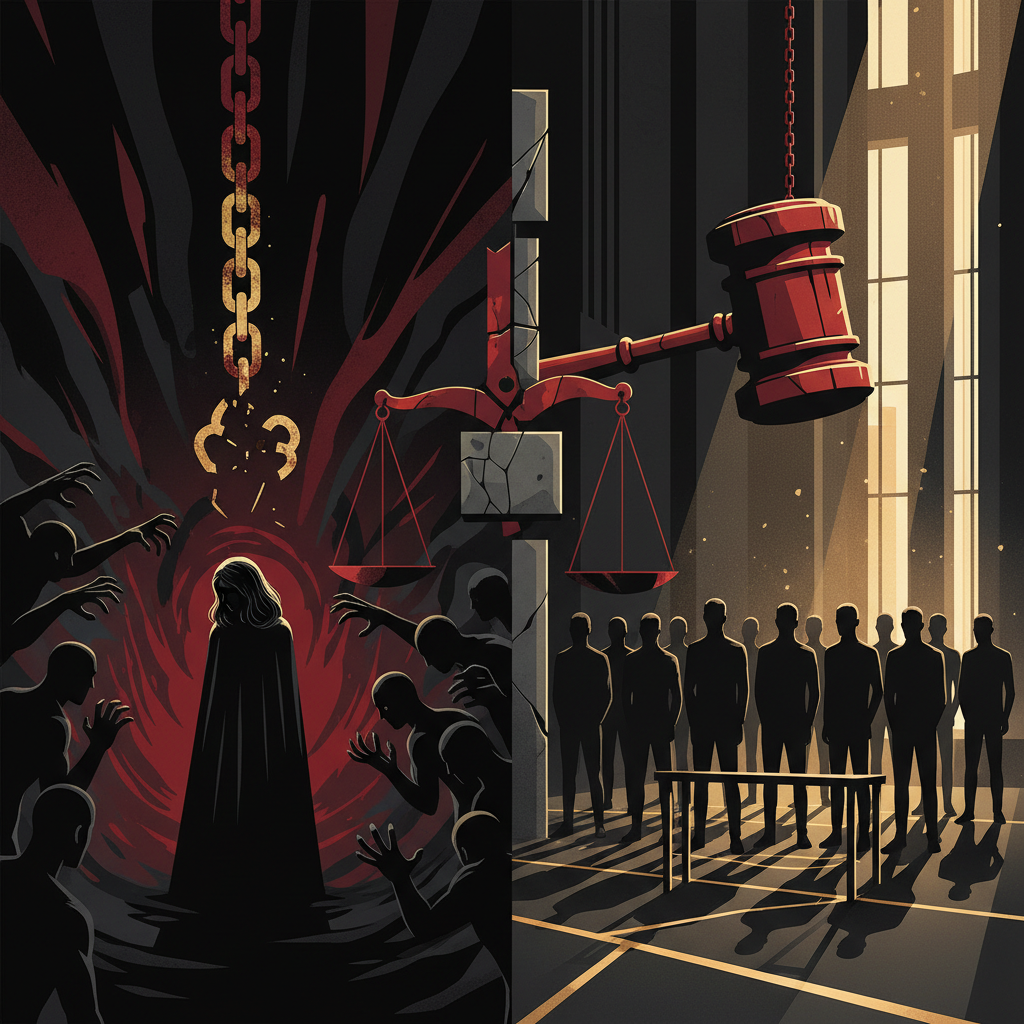 Illustration: Laëtitia R. : ses bourreaux libres, ceux de Mazan jugés — le scandale de la justice à deux vitesses